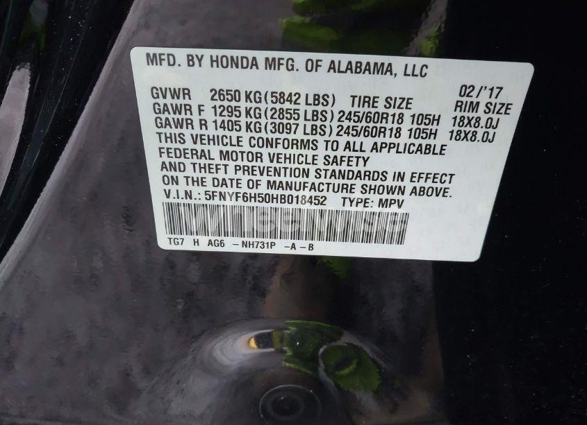 Photo 9 of 2017 Honda Pilot EX-L (VIN 5FNYF6H50HB018452)