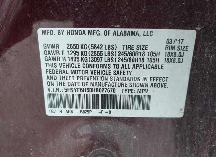 Photo 9 of 2017 Honda Pilot EX-L (VIN 5FNYF6H50HB027670)