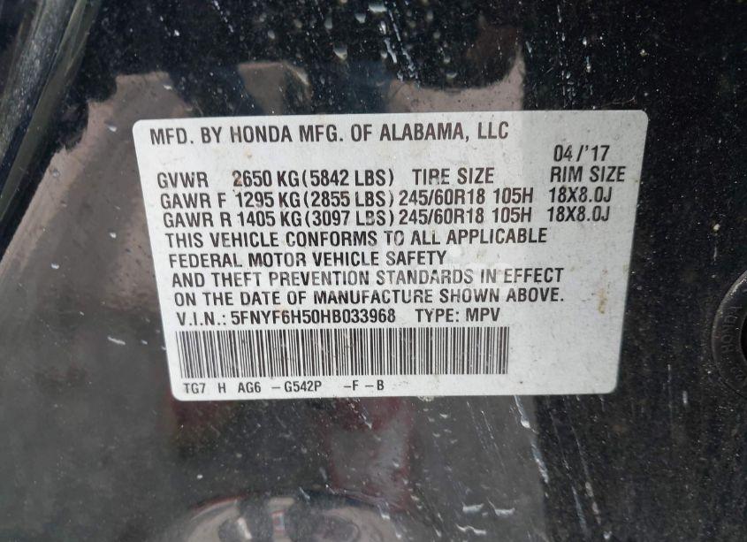 Photo 9 of 2017 Honda Pilot EX-L (VIN 5FNYF6H50HB033968)