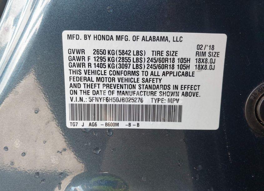 Photo 9 of 2018 Honda Pilot EX-L (VIN 5FNYF6H50JB025276)