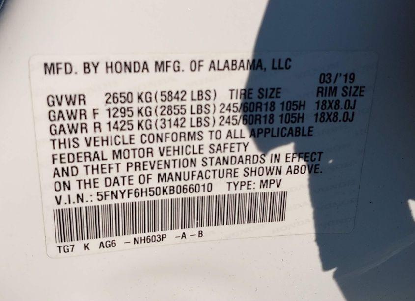 Photo 9 of 2019 Honda Pilot EX-L (VIN 5FNYF6H50KB066010)