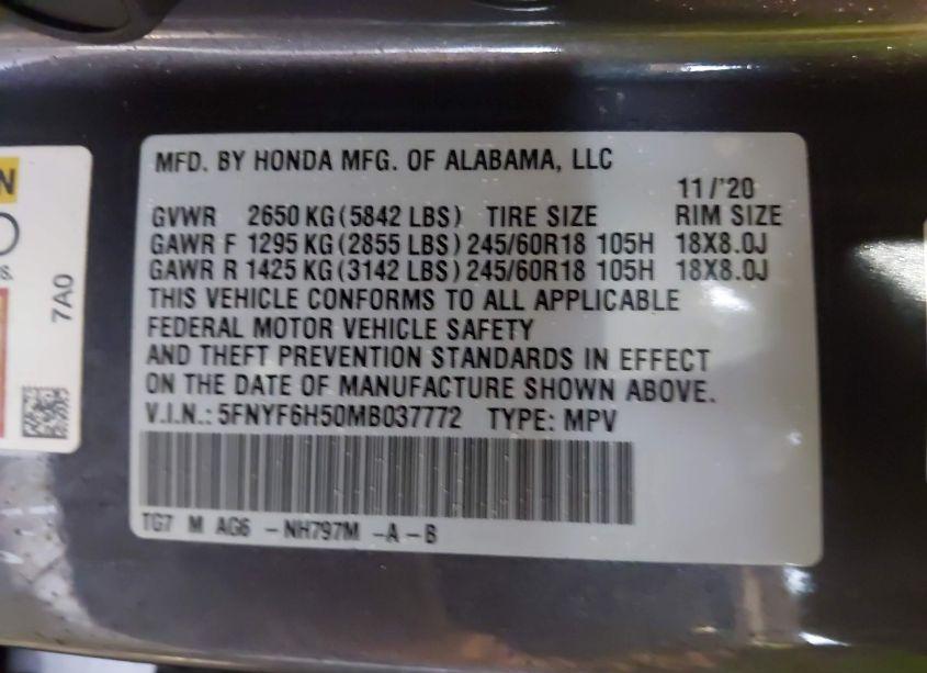 Photo 9 of 2021 Honda Pilot AWD EX-L (VIN 5FNYF6H50MB037772)