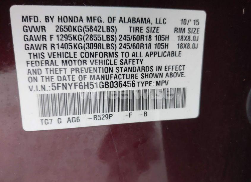 Photo 9 of 2016 Honda Pilot EX-L (VIN 5FNYF6H51GB036456)