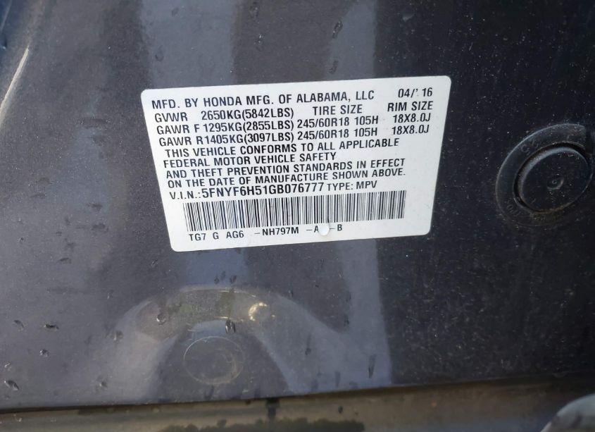 Photo 9 of 2016 Honda Pilot EX-L (VIN 5FNYF6H51GB076777)