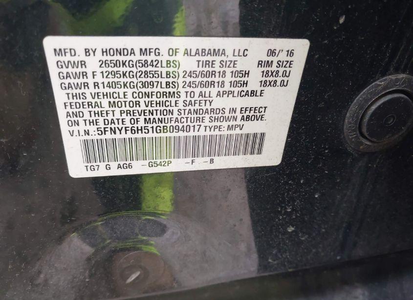 Photo 9 of 2016 Honda Pilot EX-L (VIN 5FNYF6H51GB094017)