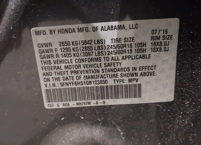 Photo 9 of 2016 Honda Pilot EX-L (VIN 5FNYF6H51GB103850)