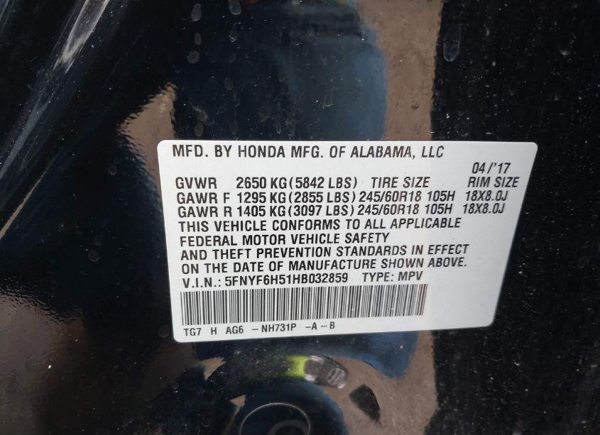 Photo 9 of 2017 Honda Pilot EX-L (VIN 5FNYF6H51HB032859)