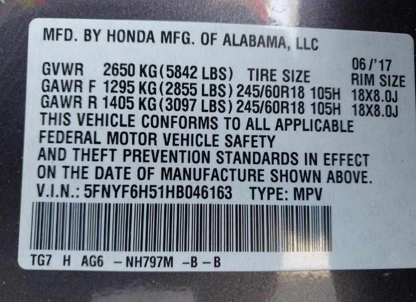 Photo 9 of 2017 Honda Pilot EX-L (VIN 5FNYF6H51HB046163)