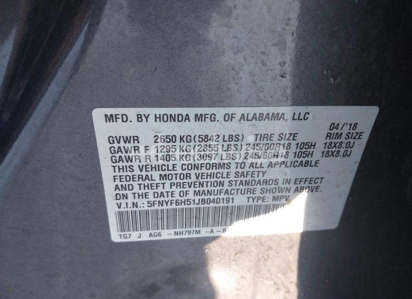 Photo 9 of 2018 Honda Pilot EX-L (VIN 5FNYF6H51JB040191)