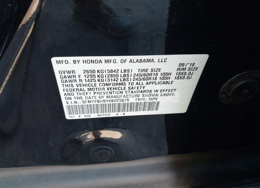 Photo 9 of 2019 Honda Pilot EX-L (VIN 5FNYF6H51KB025076)