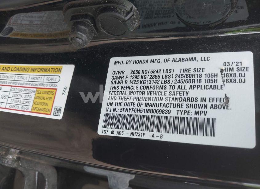 Photo 9 of 2021 Honda Pilot AWD EX-L (VIN 5FNYF6H51MB069839)