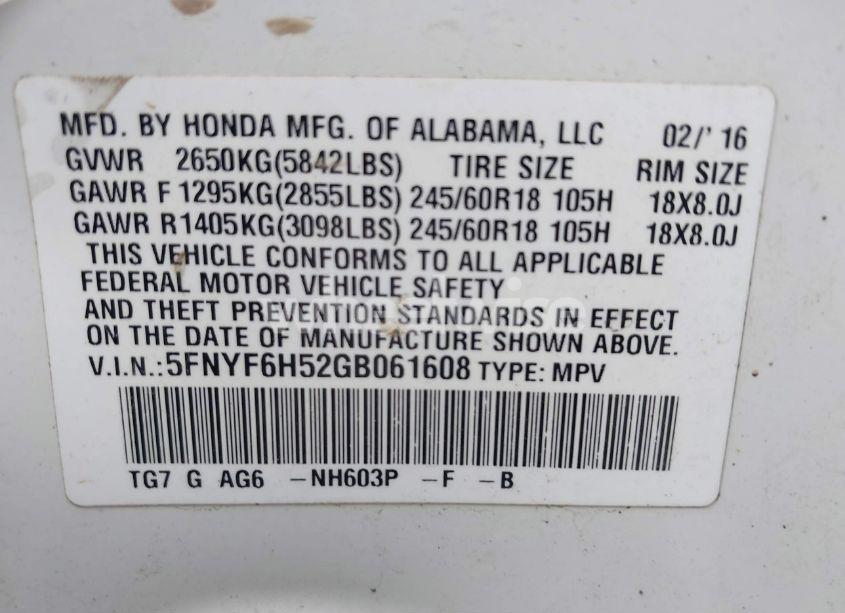 Photo 9 of 2016 Honda Pilot EX-L (VIN 5FNYF6H52GB061608)