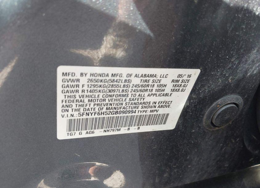 Photo 9 of 2016 Honda Pilot EX-L (VIN 5FNYF6H52GB090994)