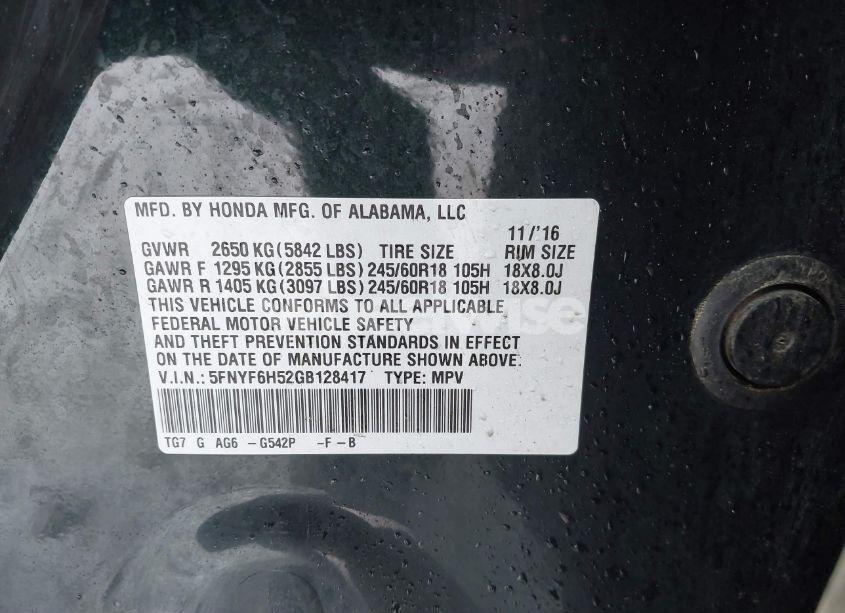 Photo 9 of 2016 Honda Pilot EX-L (VIN 5FNYF6H52GB128417)