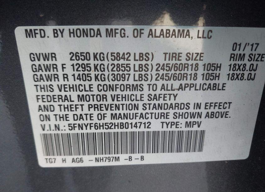 Photo 9 of 2017 Honda Pilot EX-L (VIN 5FNYF6H52HB014712)