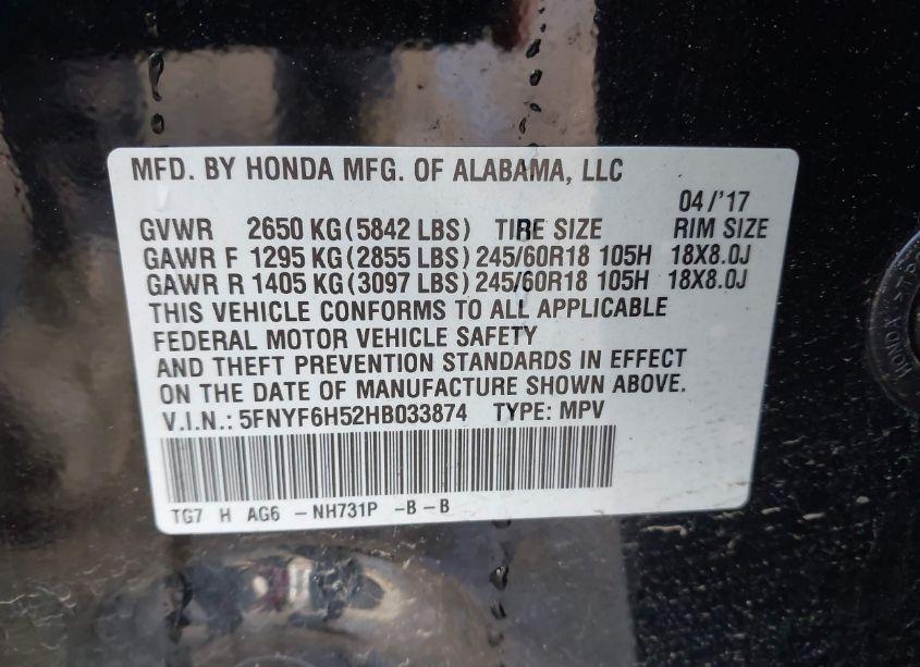 Photo 9 of 2017 Honda Pilot EX-L (VIN 5FNYF6H52HB033874)