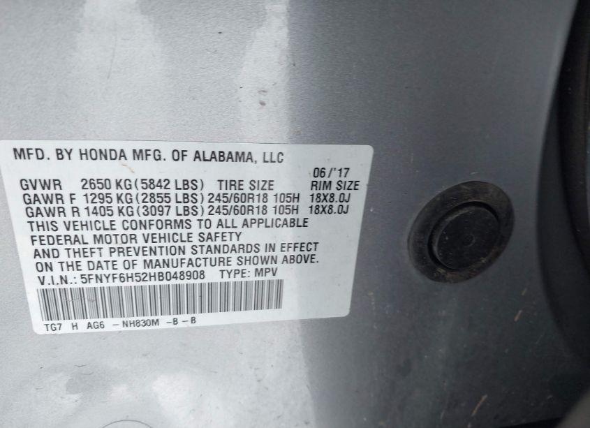 Photo 9 of 2017 Honda Pilot EX-L (VIN 5FNYF6H52HB048908)