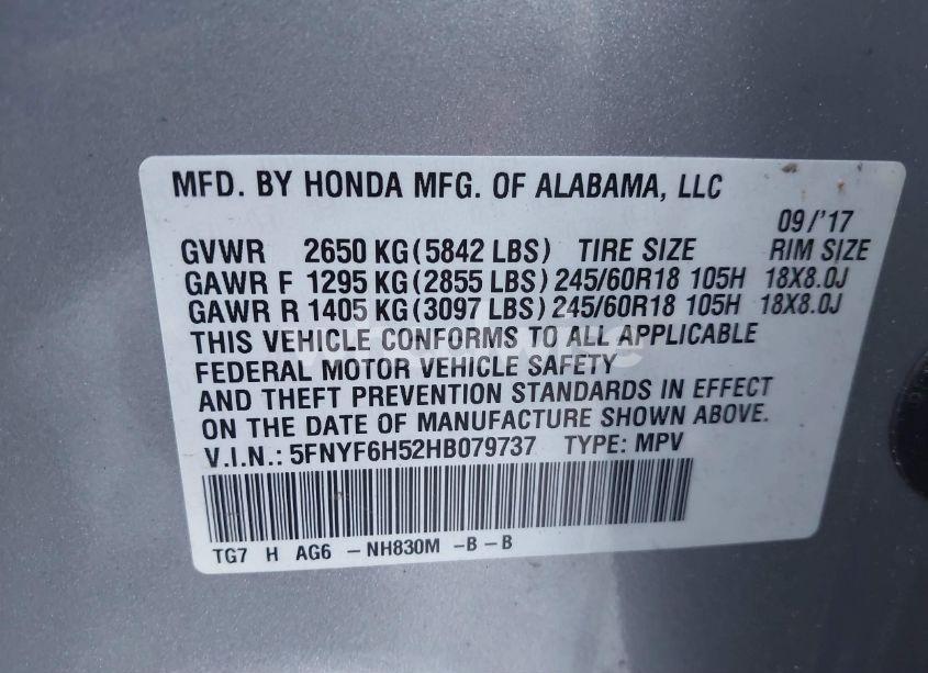 Photo 9 of 2017 Honda Pilot EX-L (VIN 5FNYF6H52HB079737)