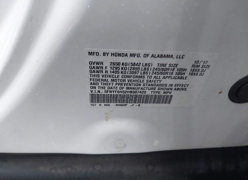 Photo 9 of 2017 Honda Pilot EX-L (VIN 5FNYF6H52HB087420)