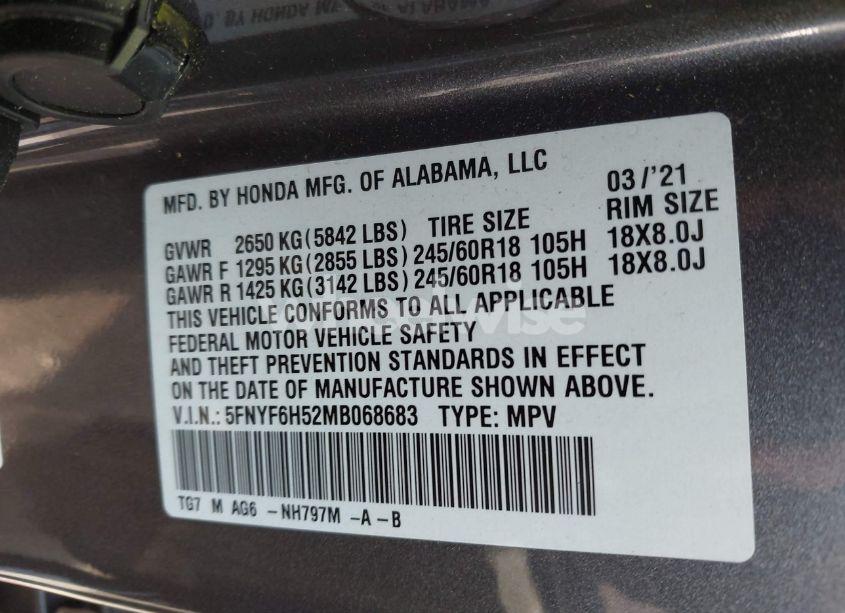 Photo 9 of 2021 Honda Pilot AWD EX-L (VIN 5FNYF6H52MB068683)