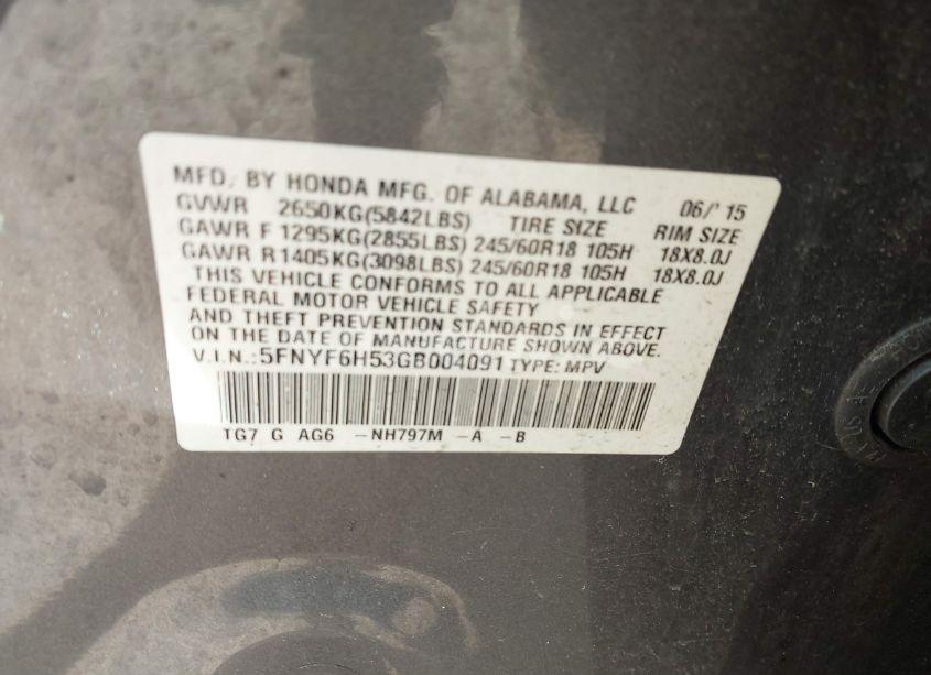 Photo 9 of 2016 Honda Pilot EX-L (VIN 5FNYF6H53GB004091)