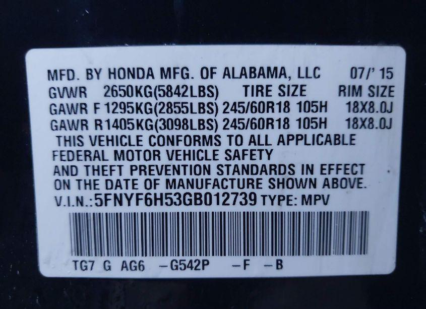 Photo 9 of 2016 Honda Pilot EX-L (VIN 5FNYF6H53GB012739)