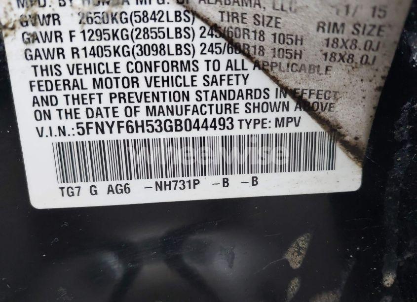 Photo 9 of 2016 Honda Pilot EX-L (VIN 5FNYF6H53GB044493)