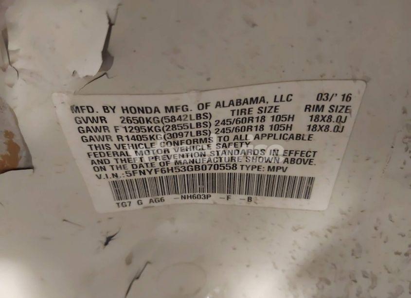 Photo 9 of 2016 Honda Pilot EX-L (VIN 5FNYF6H53GB070558)