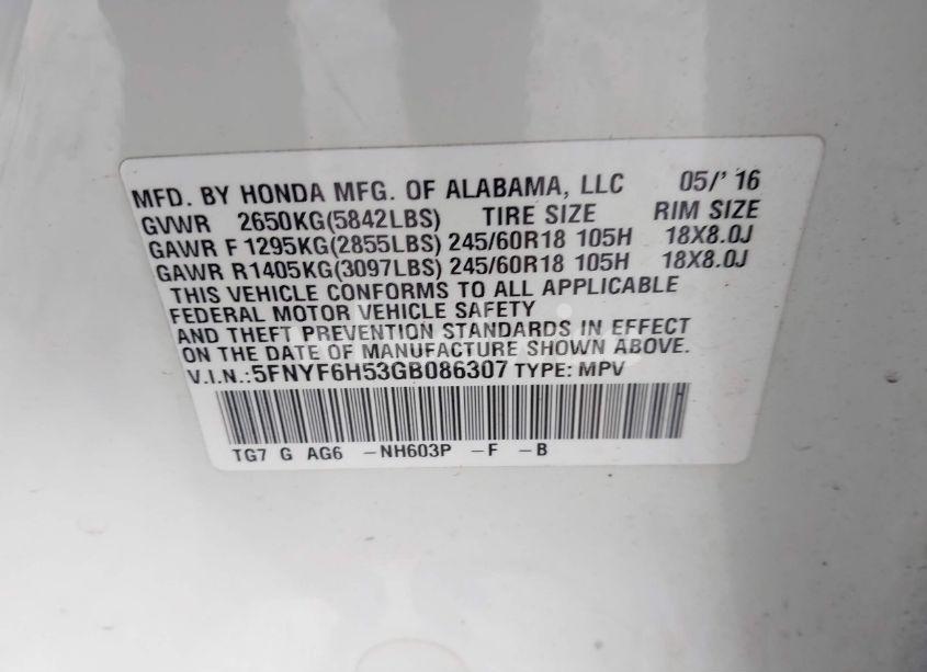 Photo 9 of 2016 Honda Pilot EX-L (VIN 5FNYF6H53GB086307)