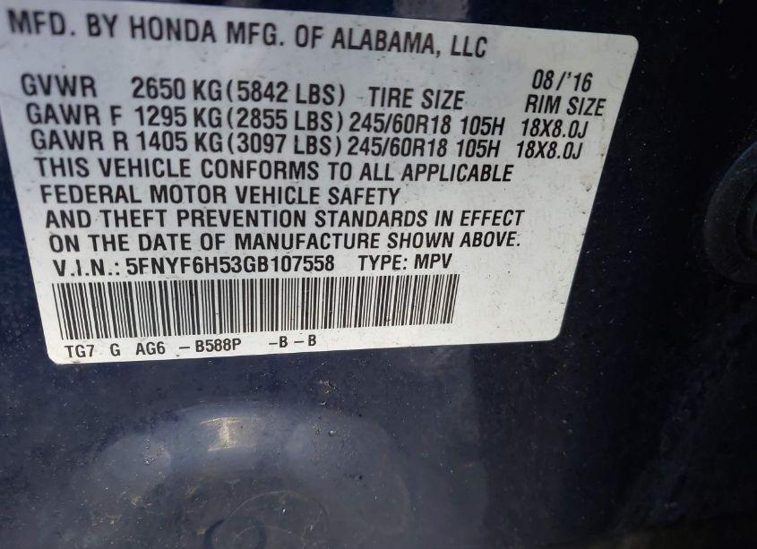 Photo 9 of 2016 Honda Pilot EX-L (VIN 5FNYF6H53GB107558)