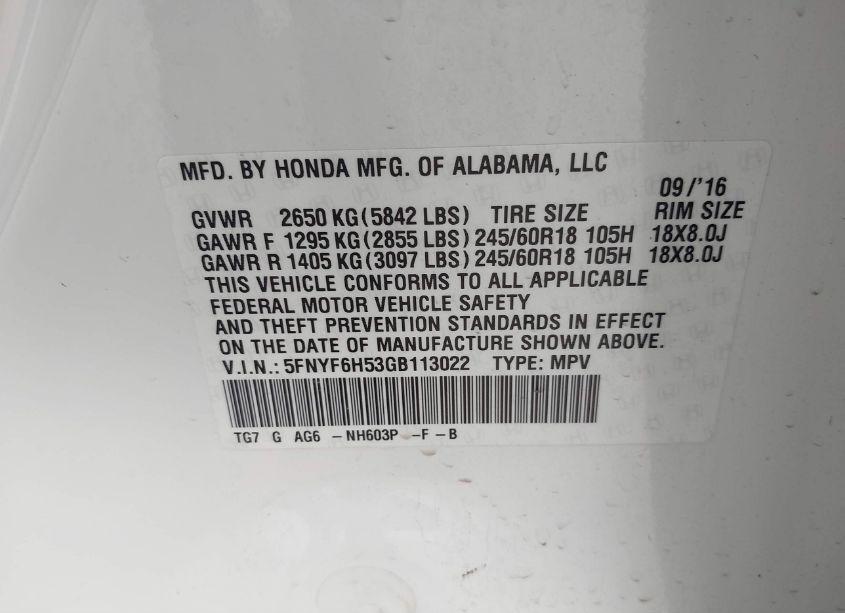 Photo 9 of 2016 Honda Pilot EX-L (VIN 5FNYF6H53GB113022)