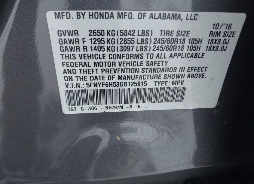 Photo 9 of 2016 Honda Pilot EX-L (VIN 5FNYF6H53GB125915)