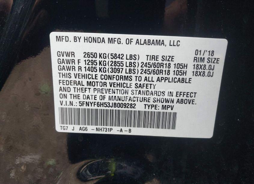 Photo 9 of 2018 Honda Pilot EX-L (VIN 5FNYF6H53JB009282)