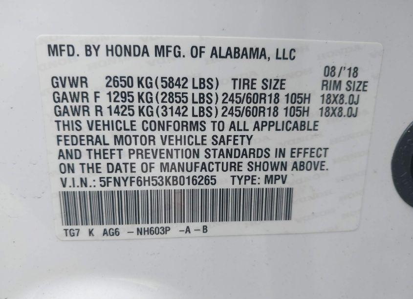 Photo 9 of 2019 Honda Pilot EX-L (VIN 5FNYF6H53KB016265)