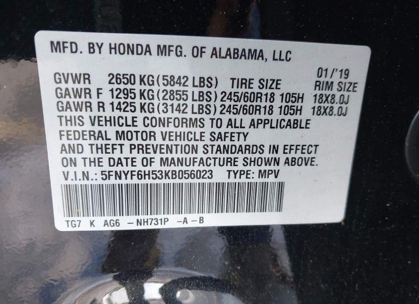 Photo 9 of 2019 Honda Pilot EX-L (VIN 5FNYF6H53KB056023)