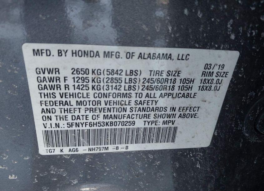 Photo 9 of 2019 Honda Pilot EX-L (VIN 5FNYF6H53KB070259)