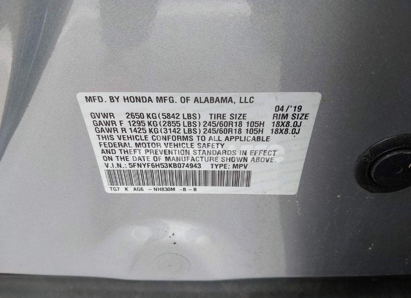 Photo 9 of 2019 Honda Pilot EX-L (VIN 5FNYF6H53KB074943)