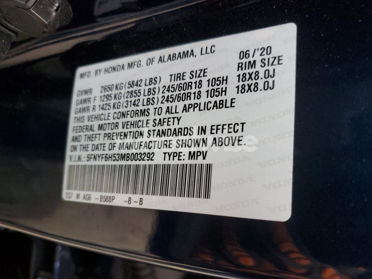 Photo 13 of 2021 HONDA PILOT EXL (VIN 5FNYF6H53MB003292)