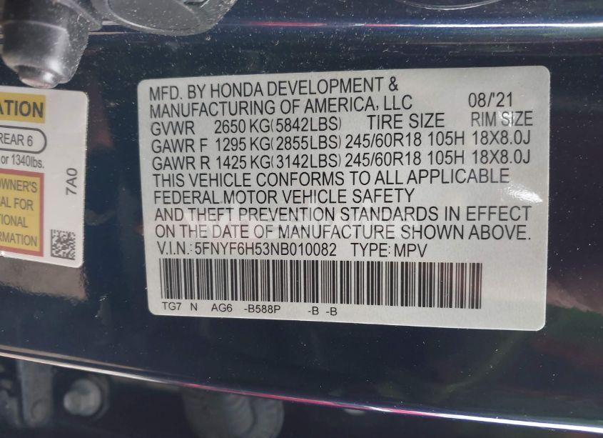 Photo 9 of 2022 Honda Pilot AWD EX-L (VIN 5FNYF6H53NB010082)