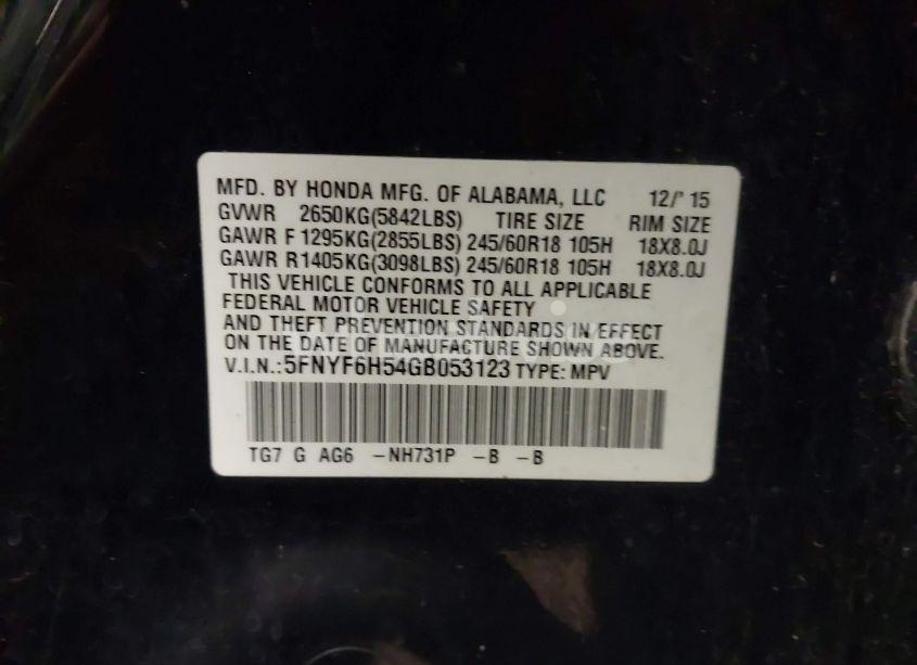 Photo 9 of 2016 Honda Pilot EX-L (VIN 5FNYF6H54GB053123)