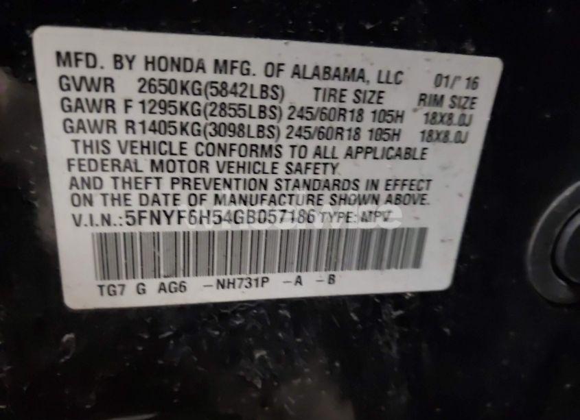 Photo 9 of 2016 Honda Pilot EX-L (VIN 5FNYF6H54GB057186)