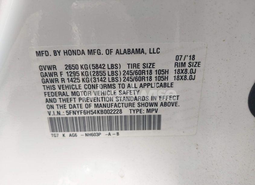 Photo 9 of 2019 Honda Pilot EX-L (VIN 5FNYF6H54KB002228)