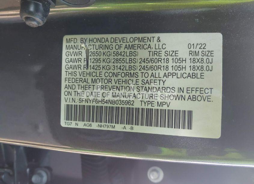 Photo 9 of 2022 Honda Pilot AWD EX-L (VIN 5FNYF6H54NB035962)