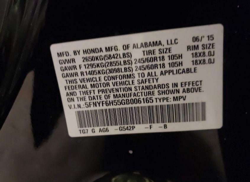 Photo 9 of 2016 Honda Pilot EX-L (VIN 5FNYF6H55GB006165)