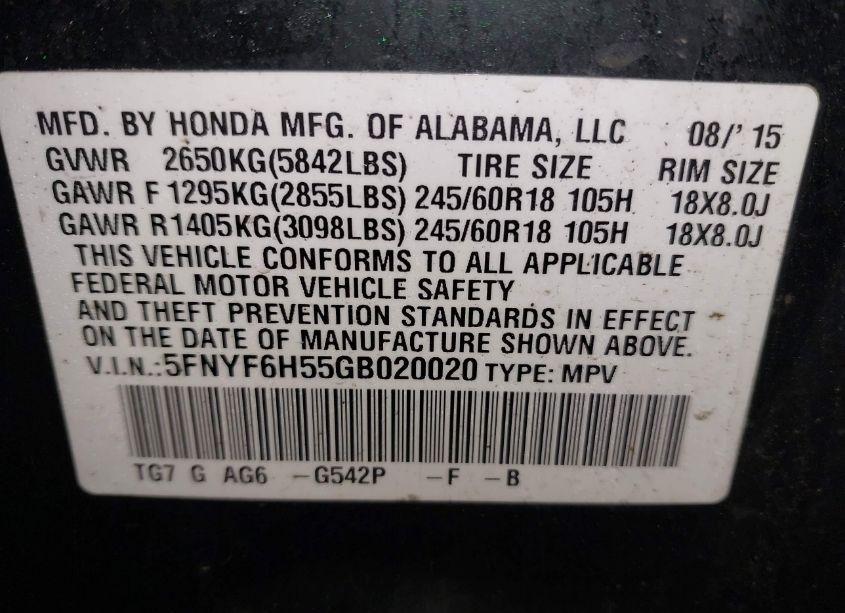 Photo 9 of 2016 Honda Pilot EX-L (VIN 5FNYF6H55GB020020)