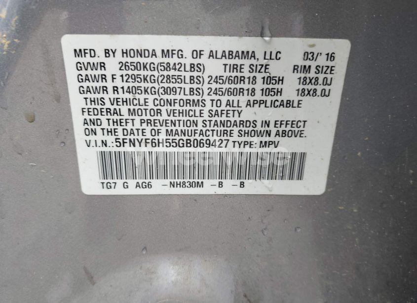 Photo 9 of 2016 Honda Pilot EX-L (VIN 5FNYF6H55GB069427)