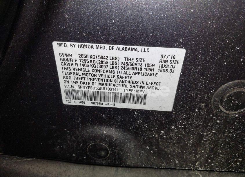 Photo 9 of 2016 Honda Pilot EX-L (VIN 5FNYF6H55GB103141)