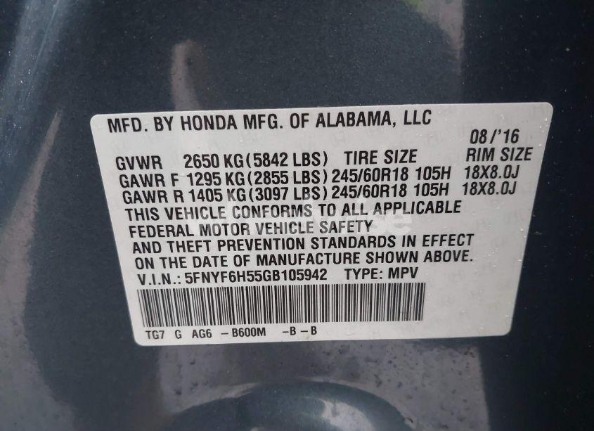 Photo 9 of 2016 Honda Pilot EX-L (VIN 5FNYF6H55GB105942)