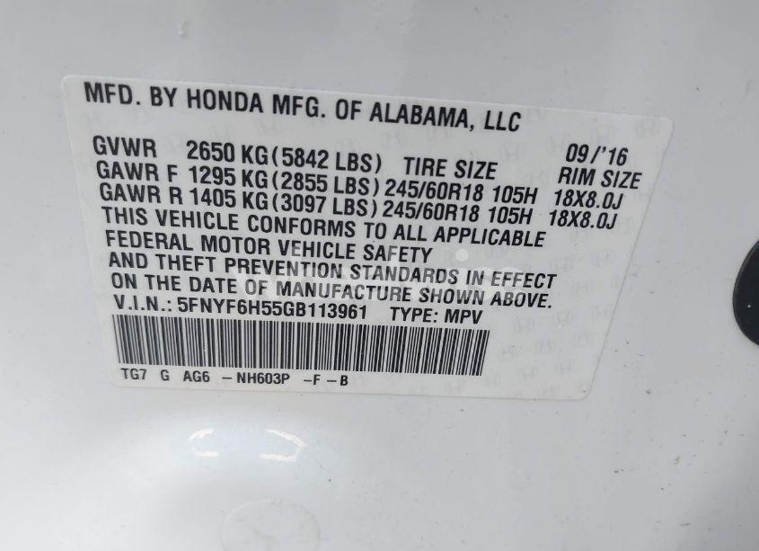 Photo 9 of 2016 Honda Pilot EX-L (VIN 5FNYF6H55GB113961)