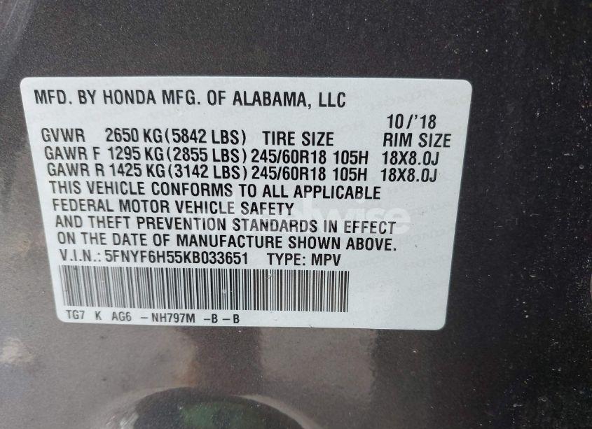 Photo 9 of 2019 Honda Pilot EX-L (VIN 5FNYF6H55KB033651)